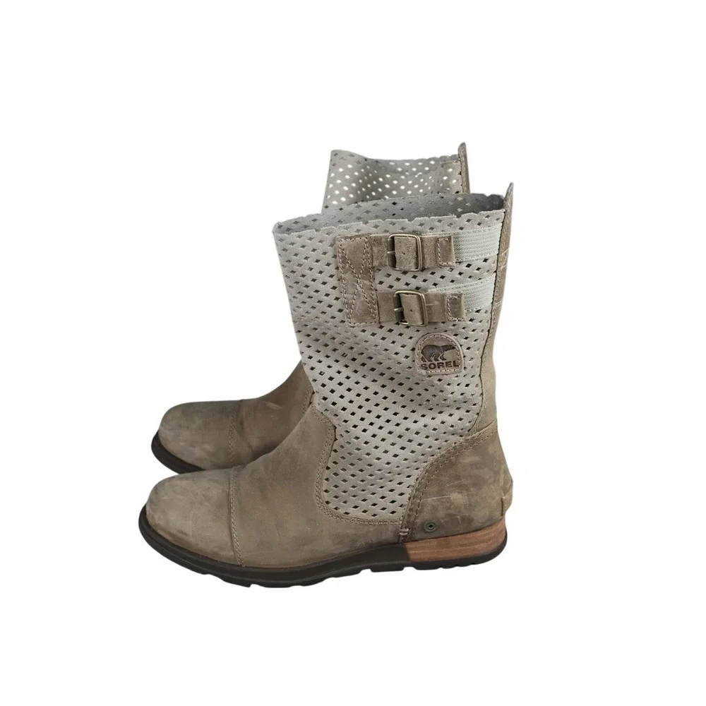 Sorel Boots Womens Size 7 Beige Suede Perforated Mid-Calf Slip On Buckle Logo